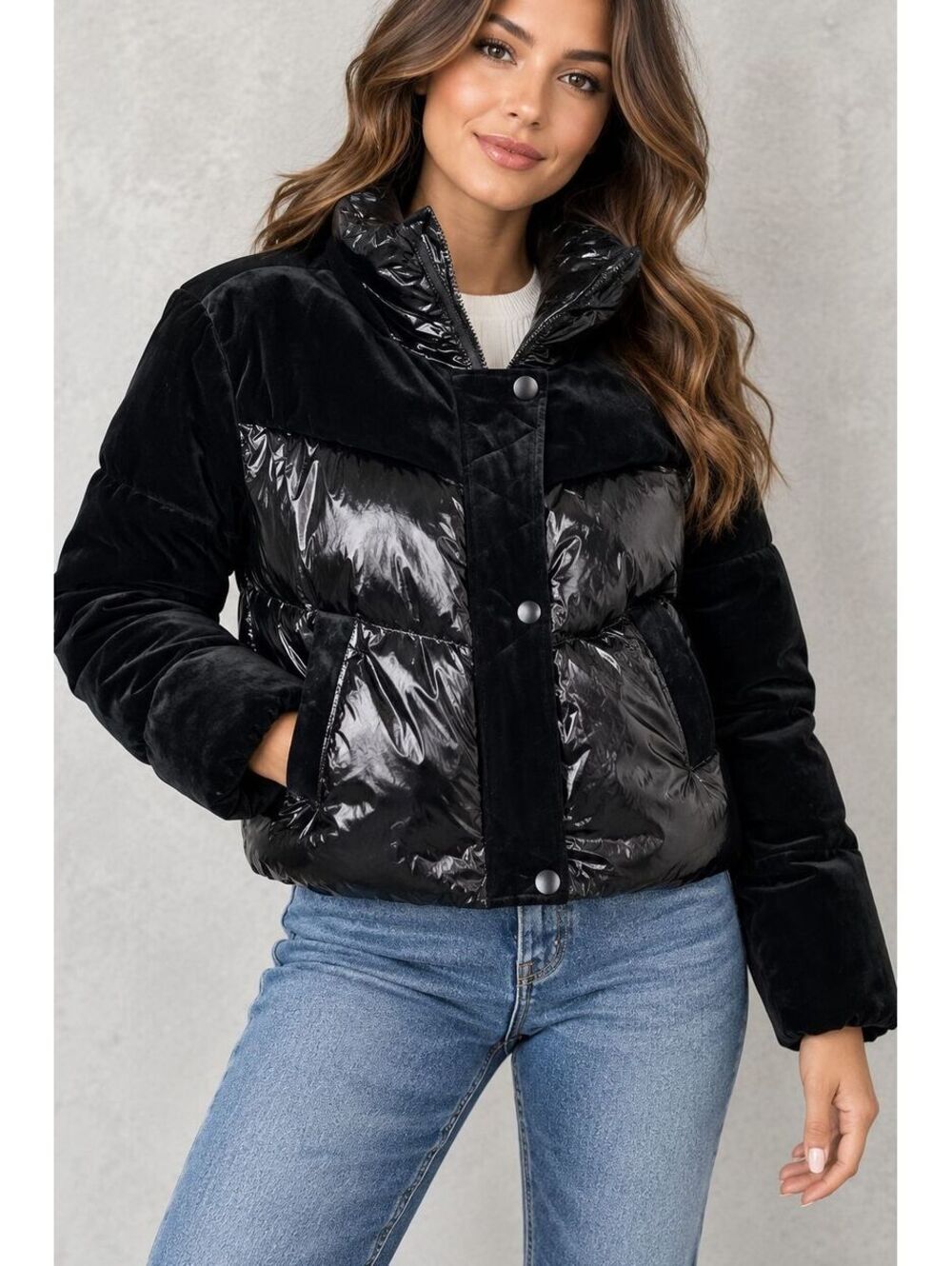 7 For All Mankind Black Glossy Puffer Jacket High Collar Winter Coat